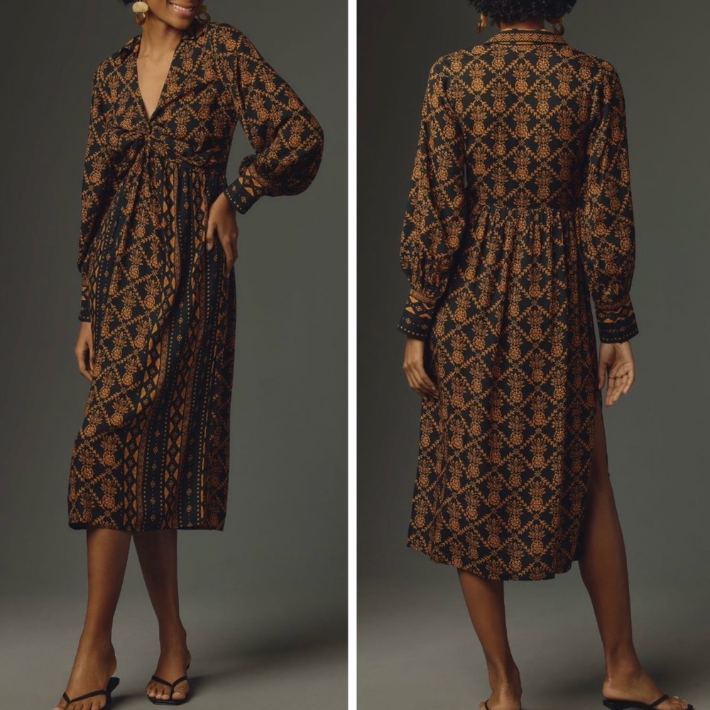 Farm Rio Printed V-Neck Tie Front Midi Dress, Size S